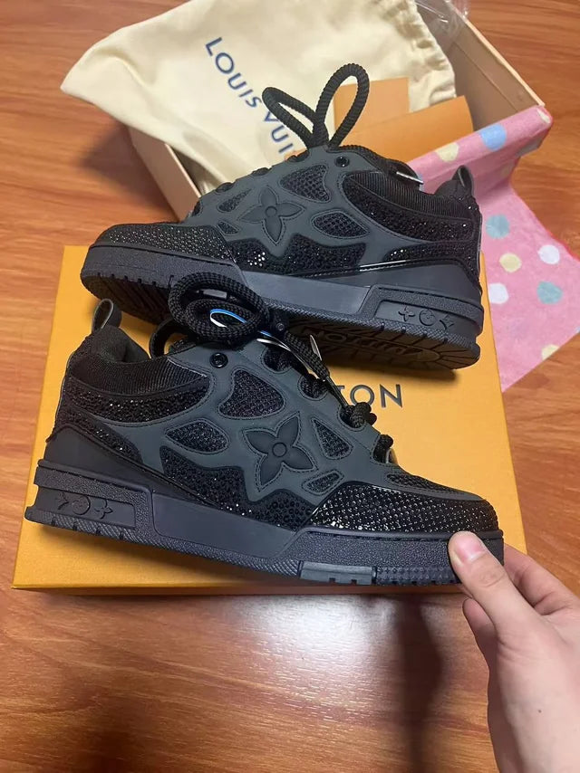 LV Skate Black Crystal sneakers, sleek black leather with crystal detailing, stylish urban footwear.